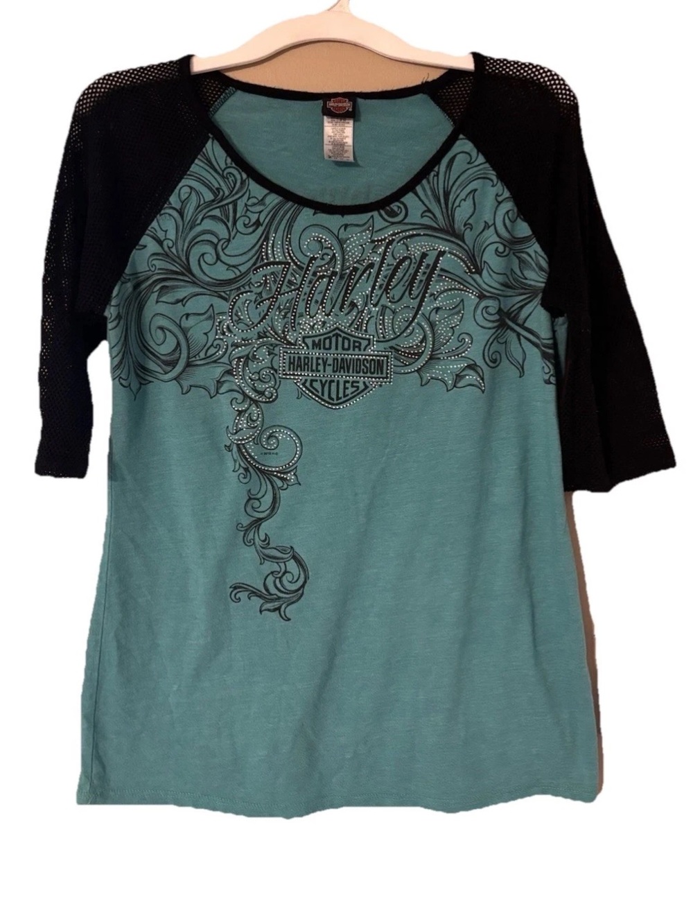 Harley Davidson Womens XL Teal Sequin Pattern Mesh Half Sleeve Size Coos Bay, OR